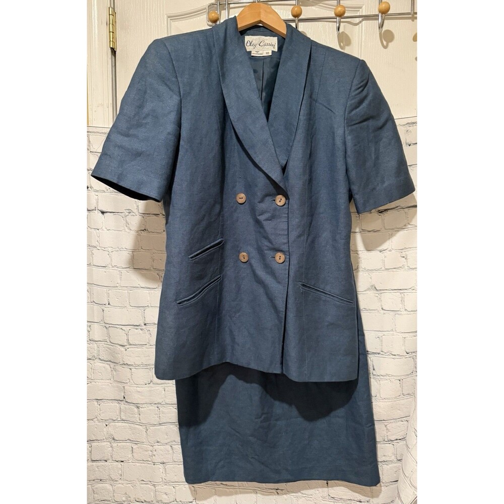 Vintage blue two-piece Linen Blend skirt suit set from Oleg Cassini Size 10